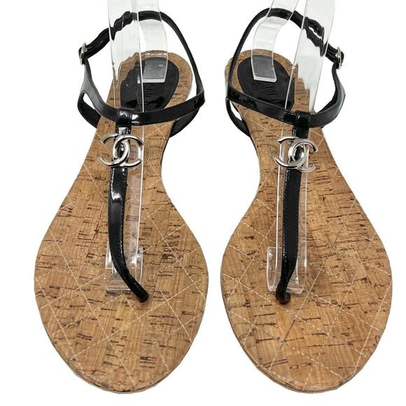 Chanel Black Patent Leather Cork Sole Thong Sandals Size EU 40.5 - Picture 1 of 9
